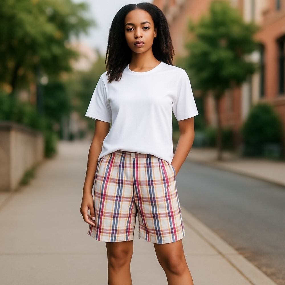 Anne Klein Sport Women's Plaid Shorts Size 14 Red Beige Cotton Casual